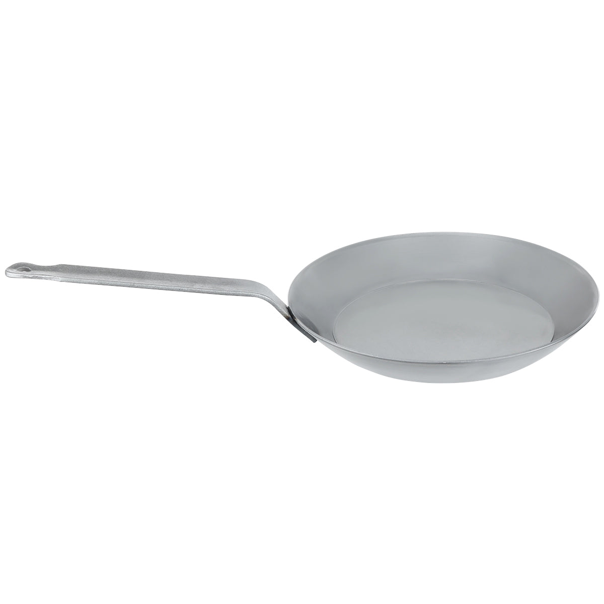 Top angle of the Matfer Bourgeat 11-inch black steel fry pan with riveted handle for commercial stovetops