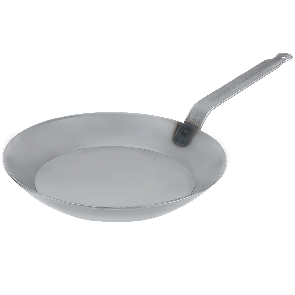 Close-up angled shot of the Matfer Bourgeat 062004 professional black steel pan designed for induction and gas ranges