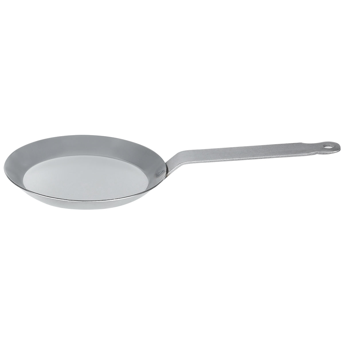 Top-down view of Matfer Bourgeat 7 inch crepe pan made in France, compatible with gas, electric, and induction cooktops