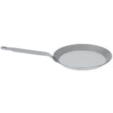 Side angle of Matfer Bourgeat black steel crepe pan with ergonomic iron loop handle for use on any cooktop