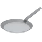 Angled side view of Matfer Bourgeat crepe pan, 8-5/8 inch diameter, for commercial and industrial stovetop use