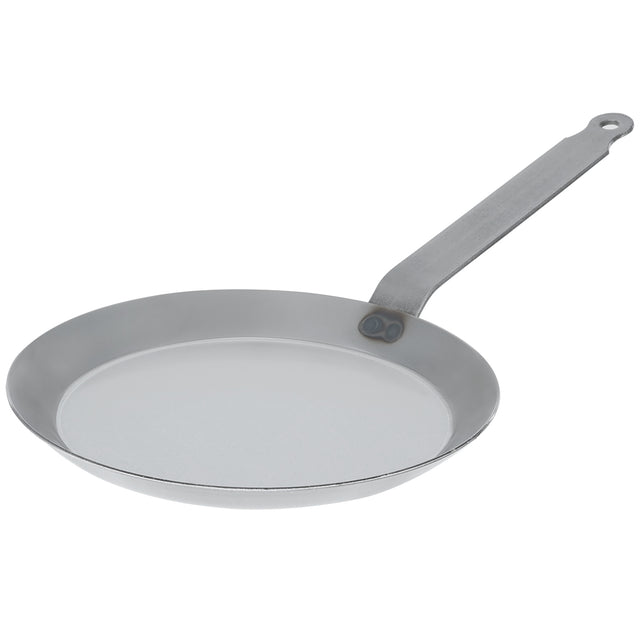 Angled side view of Matfer Bourgeat crepe pan, 8-5/8 inch diameter, for commercial and industrial stovetop use