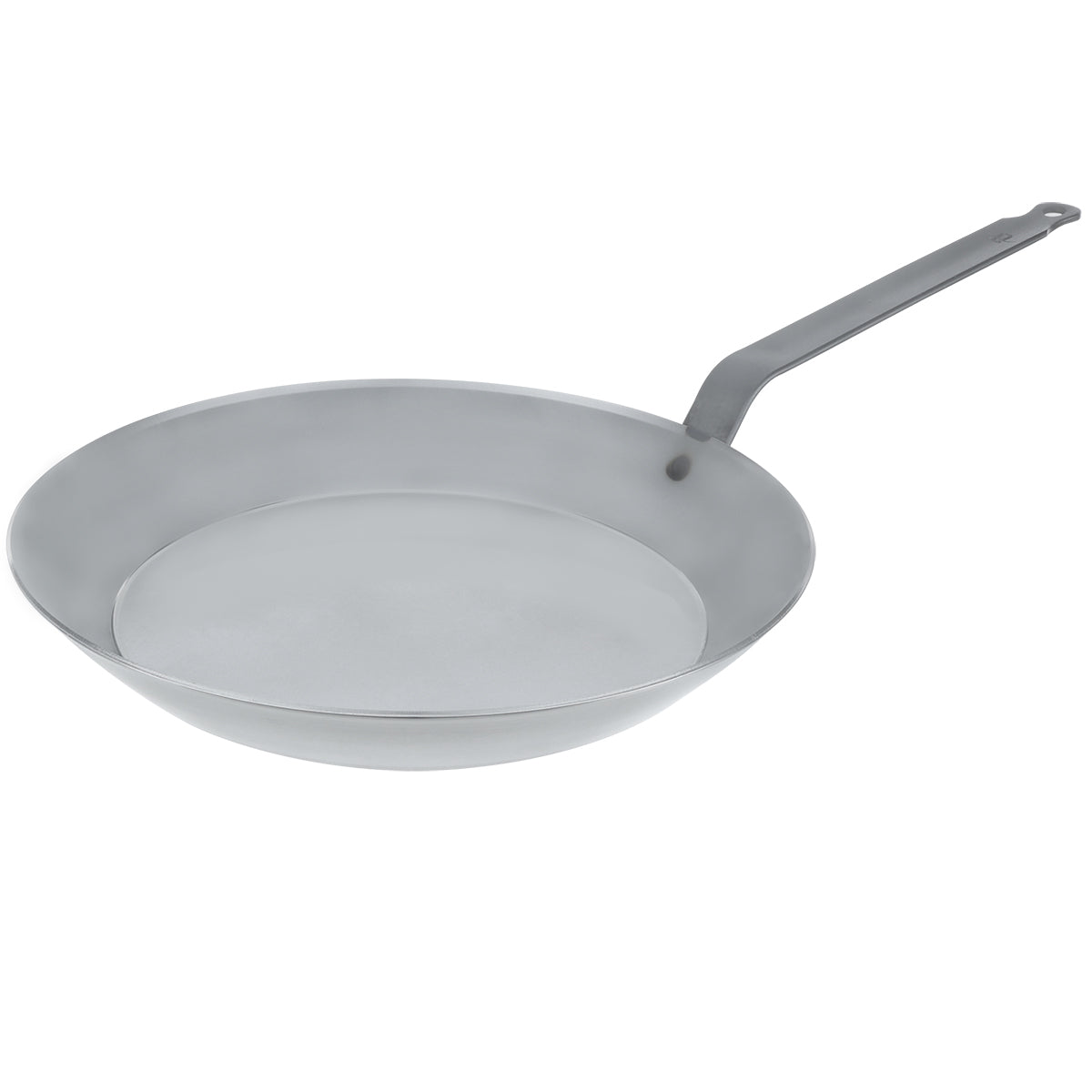 Matfer Bourgeat 12-5/8 inch black steel frying pan with riveted steel handle, ideal for commercial kitchen cooking