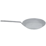 Side angle of Matfer Bourgeat black steel frying pan showcasing long strip handle for professional restaurant use