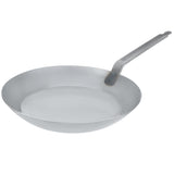 Matfer Bourgeat 14-1/8 inch black steel frying pan with welded steel handle, designed for commercial cooking applications