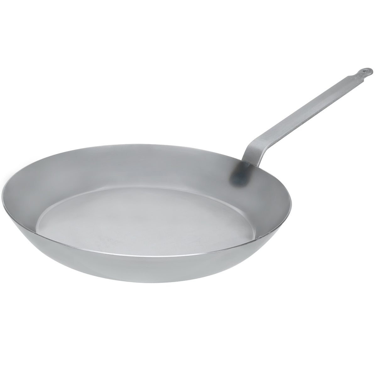 Matfer Bourgeat 15-3/4 inch black steel frying pan with heavy-duty riveted handle for high-volume commercial cooking