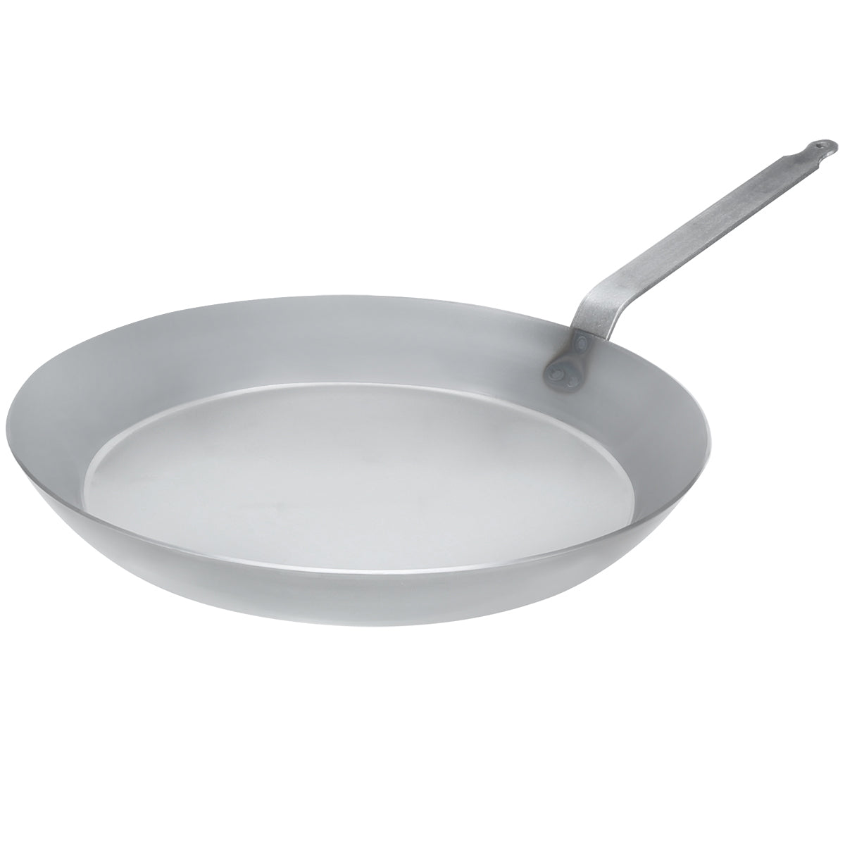 Matfer Bourgeat 17-3/4 inch black steel frying pan with robust riveted handle, perfect for commercial stovetop cooking