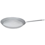 Top-down view of large Matfer Bourgeat black steel frying pan ideal for high-capacity restaurant kitchens