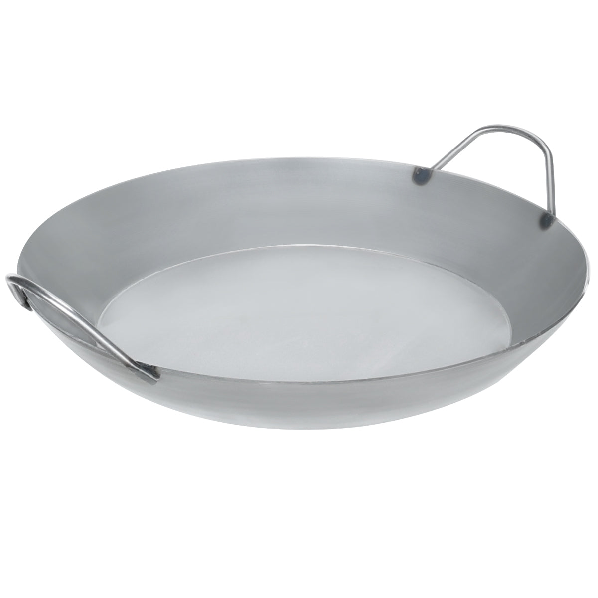 Angled view of Matfer Bourgeat paella pan, showing durable black steel construction and two side handles