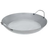 Angled view of Matfer Bourgeat paella pan, showing durable black steel construction and two side handles