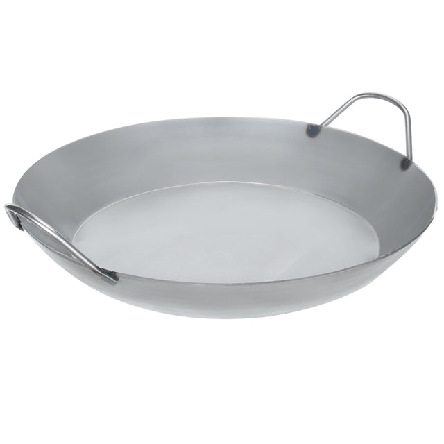 Angled view of Matfer Bourgeat paella pan, showing durable black steel construction and two side handles