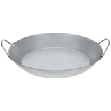 Matfer Bourgeat 14-1/8 inch black steel paella pan with dual loop handles and curved sides for commercial stovetop cooking