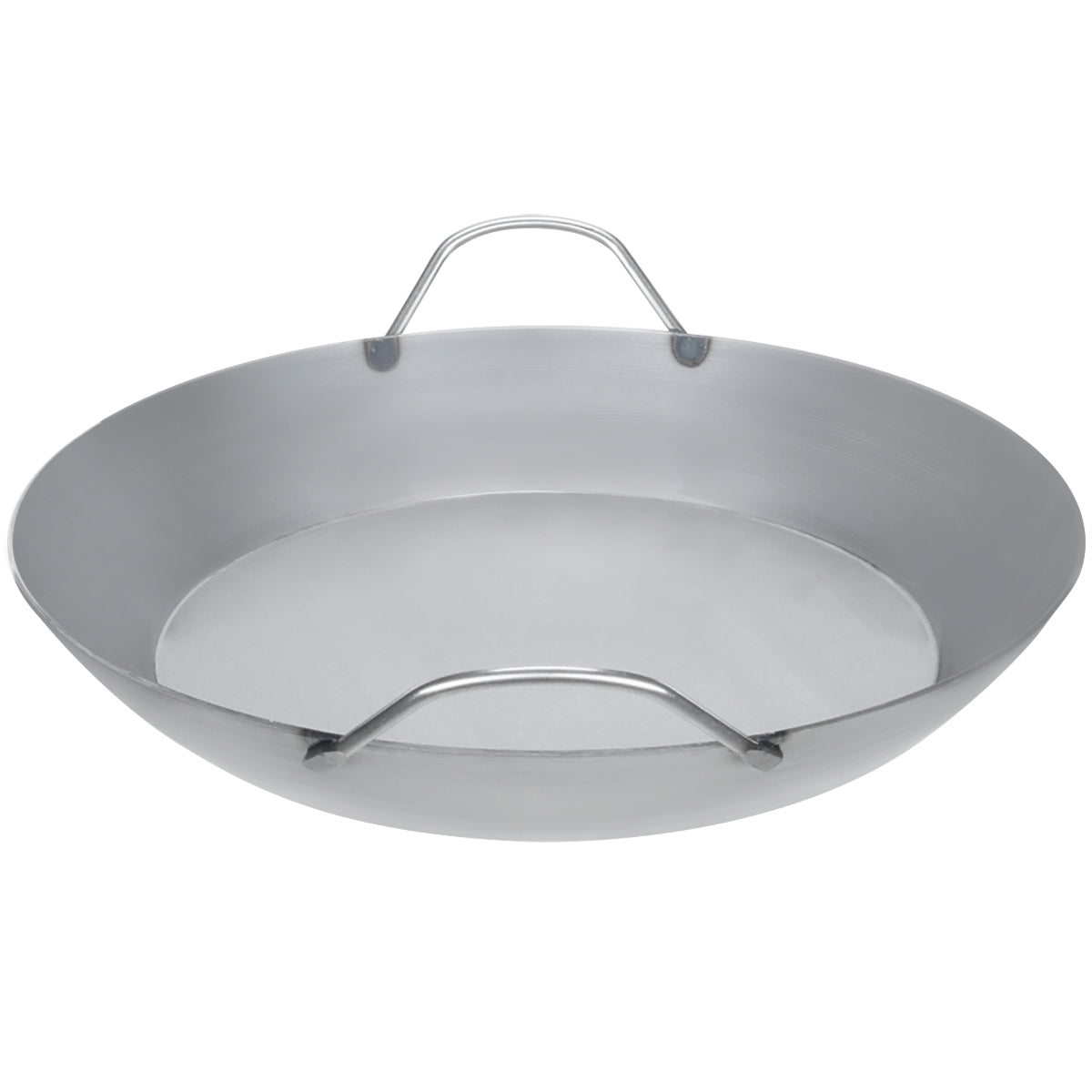 Top-down view of 14-1/8 inch Matfer Bourgeat paella pan with wide flat base and curved sidewalls for even heat distribution