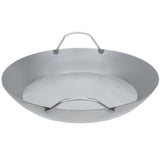 Top-down view of 14-1/8 inch Matfer Bourgeat paella pan with wide flat base and curved sidewalls for even heat distribution