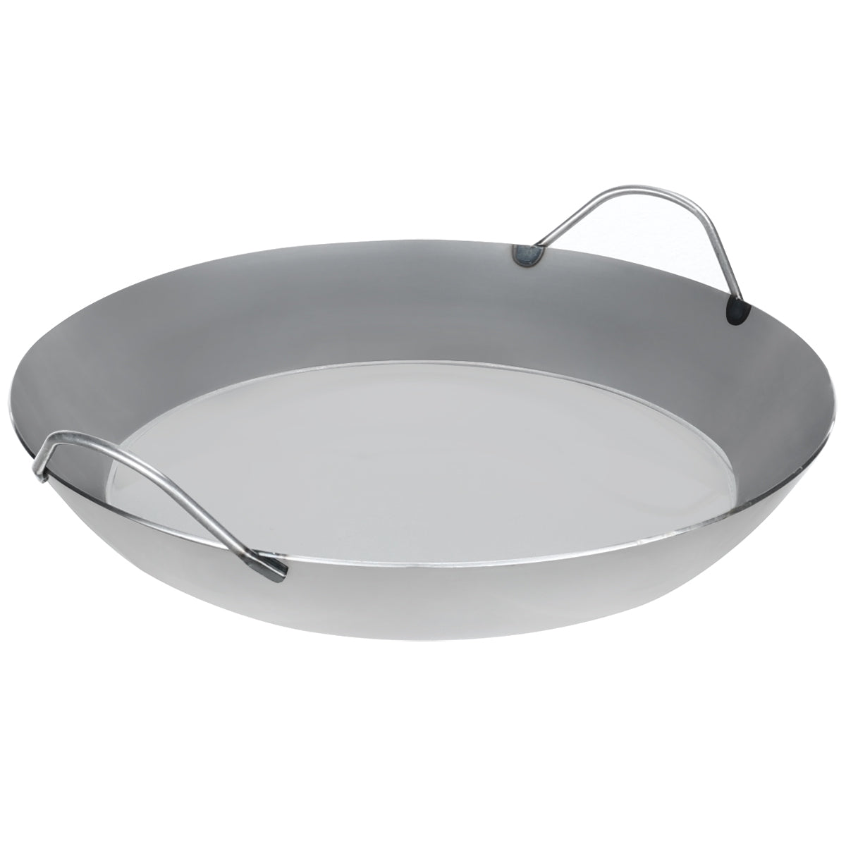 Matfer Bourgeat 15-3/4 inch black steel paella pan with curved sides and two loop handles for professional stovetop cooking
