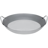 Angled view of Matfer Bourgeat paella pan, showing sturdy black steel body and twin side handles for secure grip