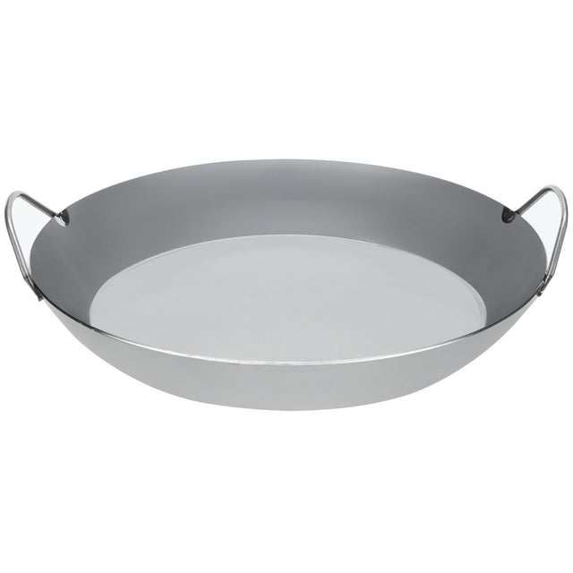 Angled view of Matfer Bourgeat paella pan, showing sturdy black steel body and twin side handles for secure grip