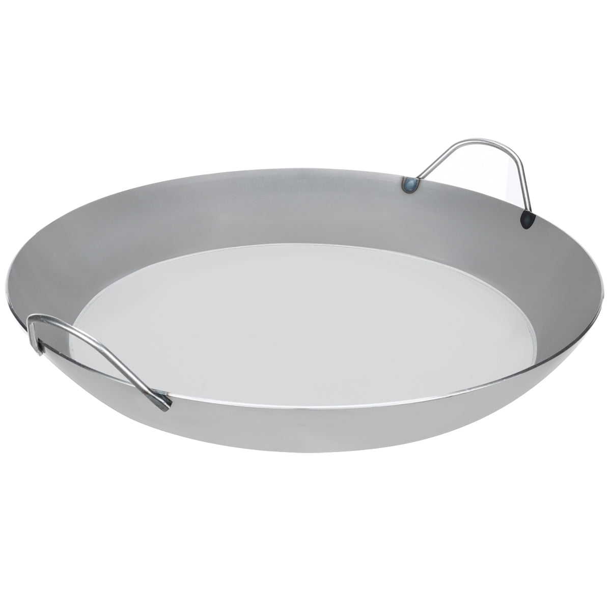 Matfer Bourgeat 17-3/4 inch black steel paella pan with wide curved sides and two loop handles for commercial use