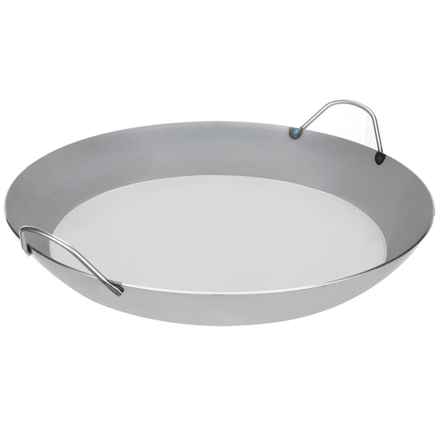 Matfer Bourgeat 17-3/4 inch black steel paella pan with wide curved sides and two loop handles for commercial use