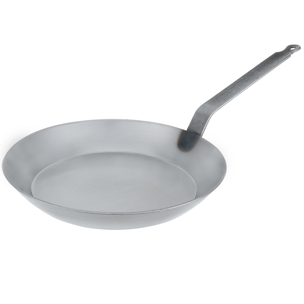 Commercial-grade Matfer Bourgeat frying pan with curved sides and long steel handle, ideal for induction or gas ranges