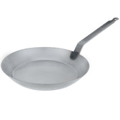 Commercial-grade Matfer Bourgeat frying pan with curved sides and long steel handle, ideal for induction or gas ranges