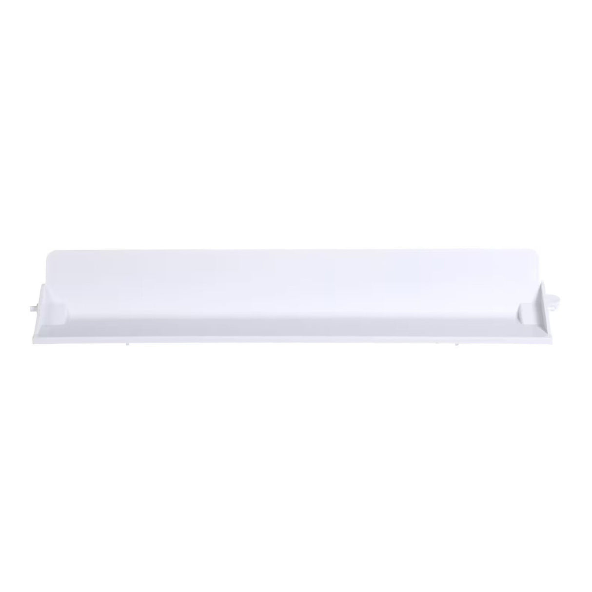 A long, rectangular, white plastic shelf with slightly raised edges and two small attachment points on each end, designed for wall or appliance mounting—ideal as a replacement Slideway shelf for Maxx Ice Mim250 models.