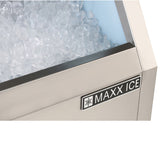 A close-up view of a stainless steel ice machine filled with clear, cubed ice. The machine’s label reads MAXX ICE with a snowflake symbol, and the edges of the 400 lbs ice storage bin are clearly visible.