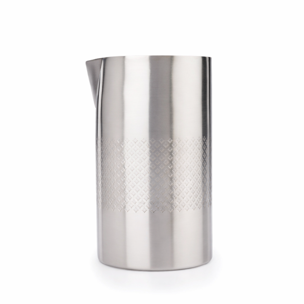 A tall, cylindrical Barfly Diamond Lattice Mixing Tin crafted from stainless steel, featuring a subtle diamond-patterned texture around the middle and a small spout, stands upright against a plain white background.
