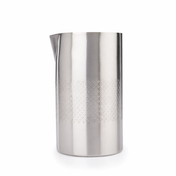 A tall, cylindrical Barfly Diamond Lattice Mixing Tin crafted from stainless steel, featuring a subtle diamond-patterned texture around the middle and a small spout, stands upright against a plain white background.