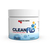 A white plastic container labeled Micro Matic Clean Flo Powder draft line cleaner features blue bubbles and Chlorine Free! text on the front. The 16 oz container includes details printed on the side.