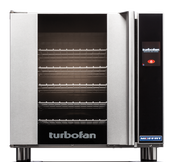 A stainless steel Turbofan convection oven with a black front panel, five wire racks inside, digital display screen, and a prominent door handle. It offers full-size sheet pan capacity and the MOFFAT brand is visible at the bottom right.