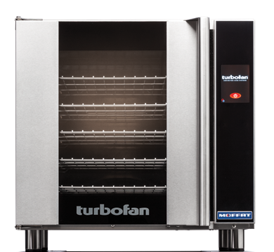 A stainless steel Turbofan convection oven with a black front panel, five wire racks inside, digital display screen, and a prominent door handle. It offers full-size sheet pan capacity and the MOFFAT brand is visible at the bottom right.