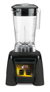 A high-power blender with a black base and two switches, featuring a clear BPA free container marked with measurements. The sturdy pitcher has a lid and handle, while the “Waring Xtreme” label stands out in yellow, black, and red.
