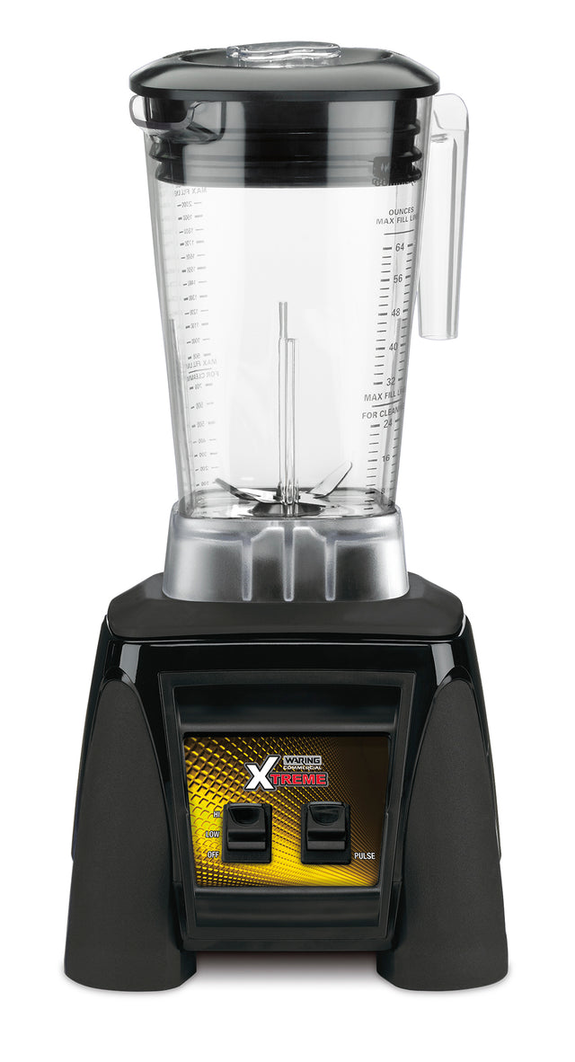 A high-power blender with a black base and two switches, featuring a clear BPA free container marked with measurements. The sturdy pitcher has a lid and handle, while the “Waring Xtreme” label stands out in yellow, black, and red.