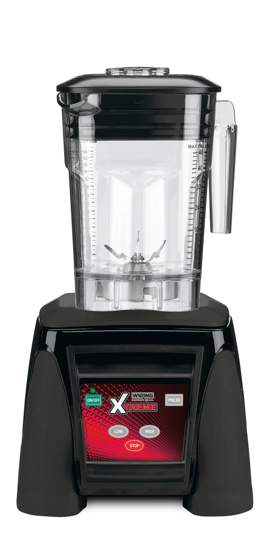 A high-power commercial blender with a large BPA free clear pitcher, handle, and measurement markings sits atop a black base. The base features a digital control panel with Low, High, Pulse, and Stop buttons and a red Xtreme logo display.
