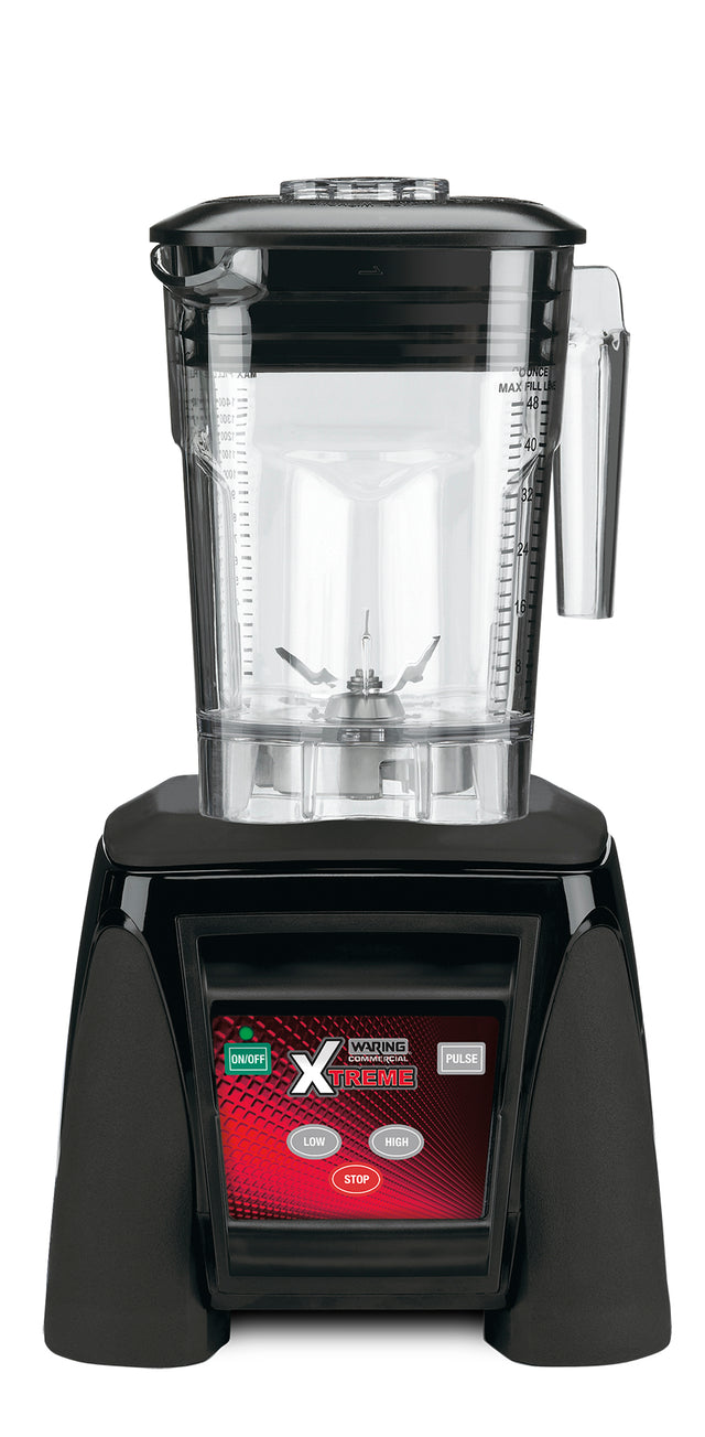 A high-power commercial blender with a large BPA free clear pitcher, handle, and measurement markings sits atop a black base. The base features a digital control panel with Low, High, Pulse, and Stop buttons and a red Xtreme logo display.