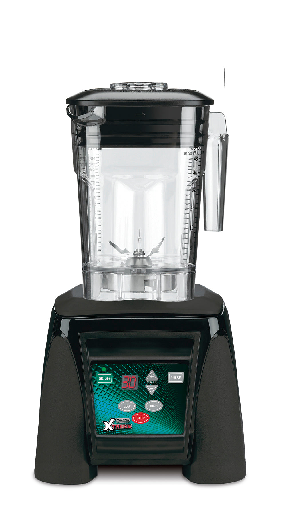 A high-power, BPA free blender in black and silver with a clear plastic pitcher, sturdy base, and digital control panel featuring multiple buttons, speed settings, and an LED display. The pitcher has measurement markings and a right-side handle.