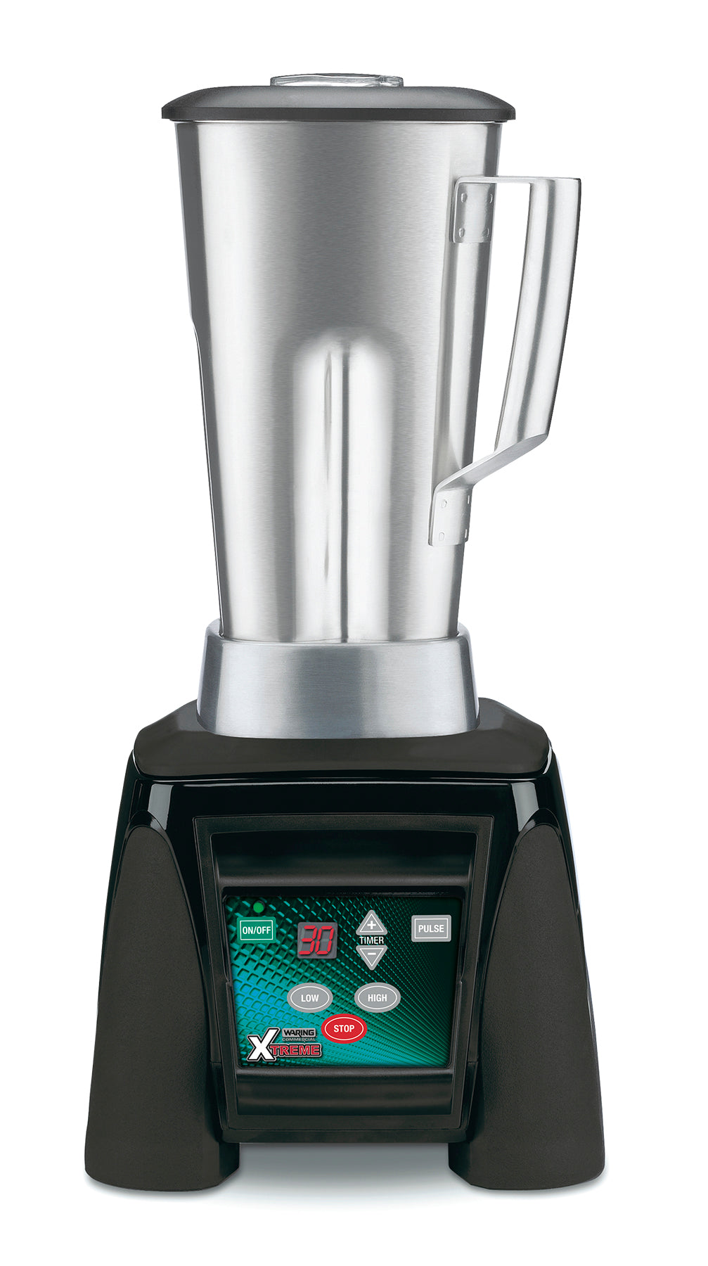 A heavy duty blender with a stainless steel container and digital display on a black base. The control panel features Low, High, Pulse, Stop buttons and a 30-second digital timer. It has a large handle and secure lid for safe blending.