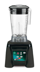 A modern high-power blender with a BPA free clear plastic pitcher, measurement markings, and a secure lid sits on a black base. The angled control panel offers digital buttons, a display screen, and various blend settings and speed options.