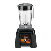 A high-power BPA free blender with a large clear plastic pitcher, measurement markings, and a black handle. The black base features a front control panel with a dial, two switches, and an orange patterned background.