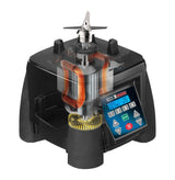 A digital display programmable blender base is shown in cross-section, revealing internal copper coils, gears, and wiring. The blender blade sits on top, with control buttons and numbers on the front panel. The black casing is partially transparent.