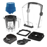 Eight blender parts, including a blue Waring motor cover, a clear pitcher, a transparent sound enclosure, a black base, and more are arranged on a white background—ideal for the International Ellipse Retrofittable Kit.