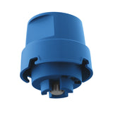 A close-up of a blue, cylindrical plastic component with interlocking grooves and a visible metal piece inside, possibly part of the MXEDR Ellipse™Drive system, isolated on a white background as a technical or industrial cap or connector.