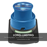 A blue Waring Ellipse™Drive unit sits on a black base. The top panel displays numbers 10, 20, and 30, with Auto Start and Ellipse buttons. A banner reads: LONG-LASTING – The Waring Ellipse™Drive Provides 4-6 Hours of Operational Time.