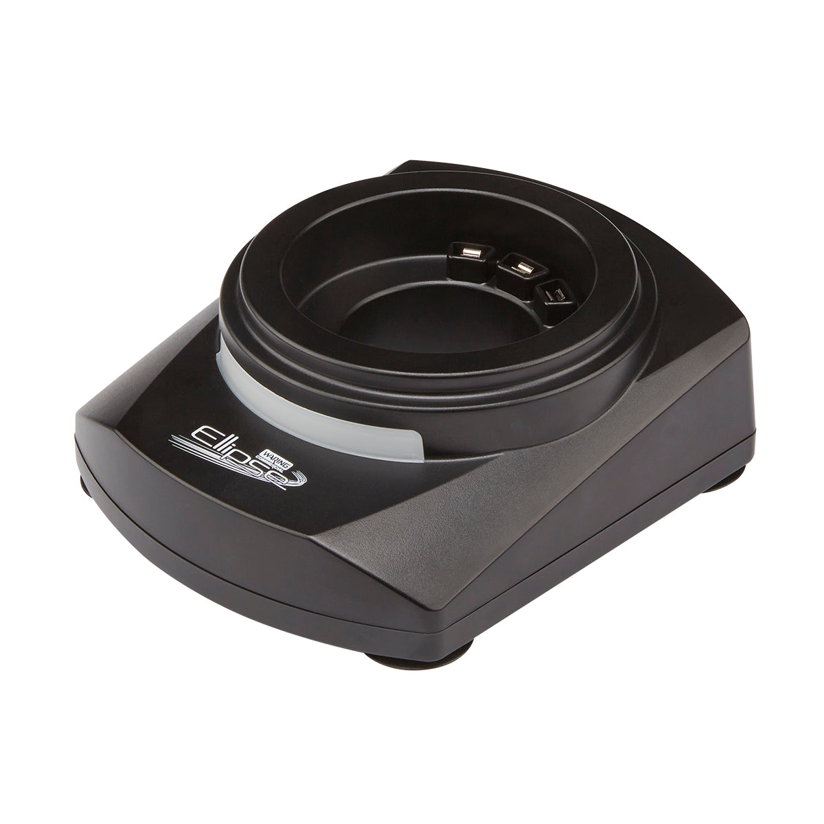 A black, rectangular single charger cradle with a circular slot in the center, designed for the Waring MXECHG1. Three metal charging contacts are inside the slot, and a logo with text is printed on the front left side of the cradle’s surface.