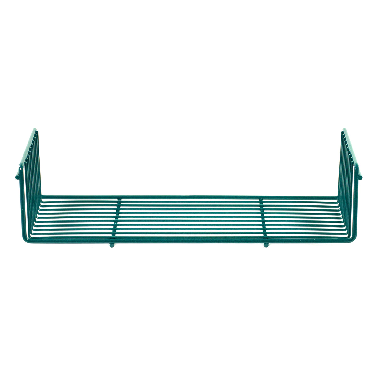 A minimalist, teal SmartWall Light-Duty Grid Shelf with horizontal bars and Metroseal 3 finish features Microban antimicrobial protection. Designed for wall mounting, it suits modern interiors and is ideal for holding everyday items.