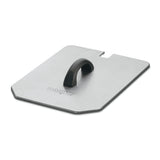 A rectangular stainless steel press with beveled corners, a black curved handle, and the brand name "Waring" embossed near the handle. Ideal for use with a 15-lb fryer or as a Night Cover, it features a small notch on one side and rests on a white background.