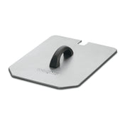 A rectangular stainless steel press with beveled corners, a black curved handle, and the brand name "Waring" embossed near the handle. Ideal for use with a 15-lb fryer or as a Night Cover, it features a small notch on one side and rests on a white background.