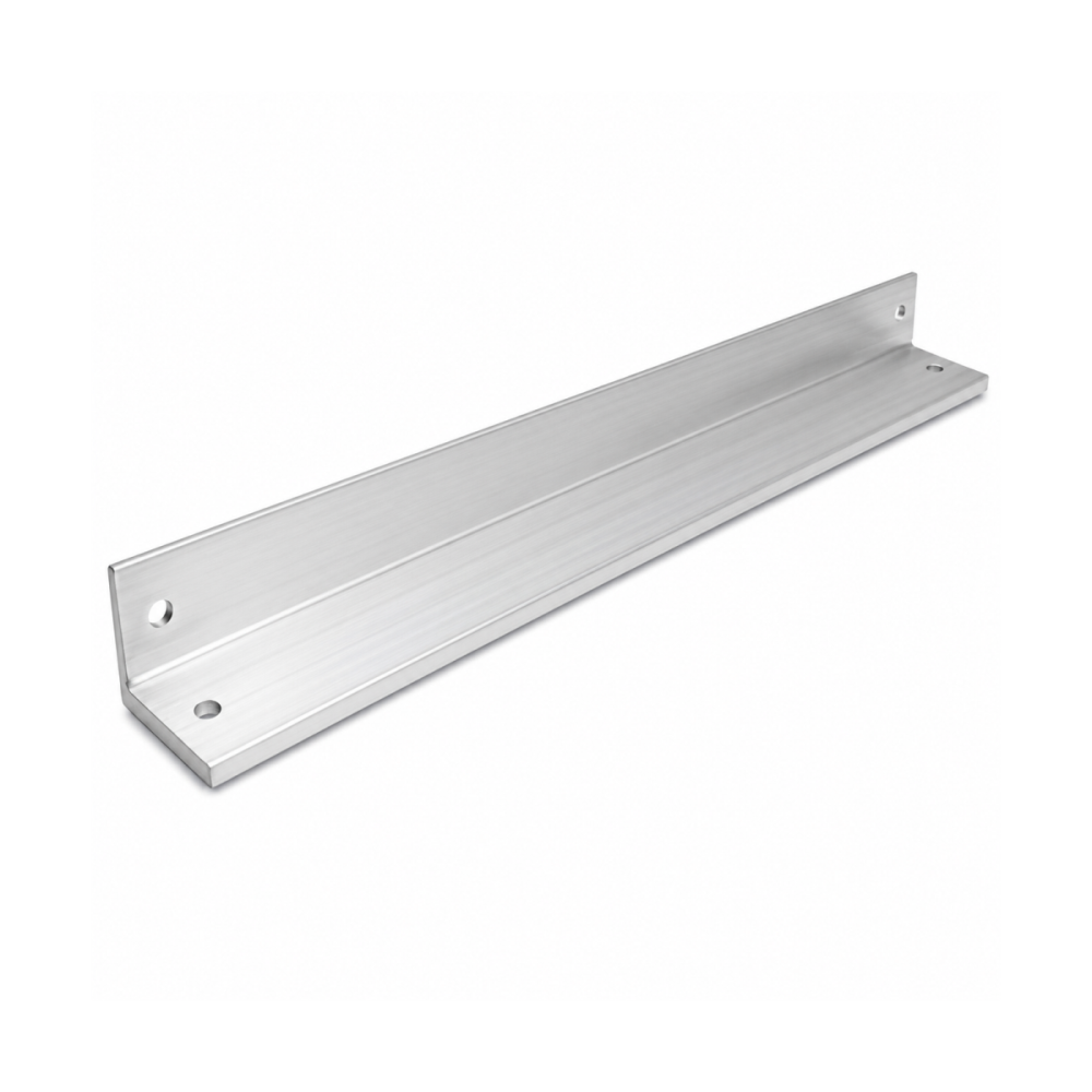 A silver aluminum L-bracket with a smooth surface, featuring three holes for mounting—two on the long edge and one on the short edge. Ideal as an Angle Runner for a pan rack, it is displayed against a plain white background.