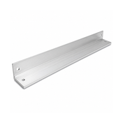 A silver aluminum L-bracket with a smooth surface, featuring three holes for mounting—two on the long edge and one on the short edge. Ideal as an Angle Runner for a pan rack, it is displayed against a plain white background.